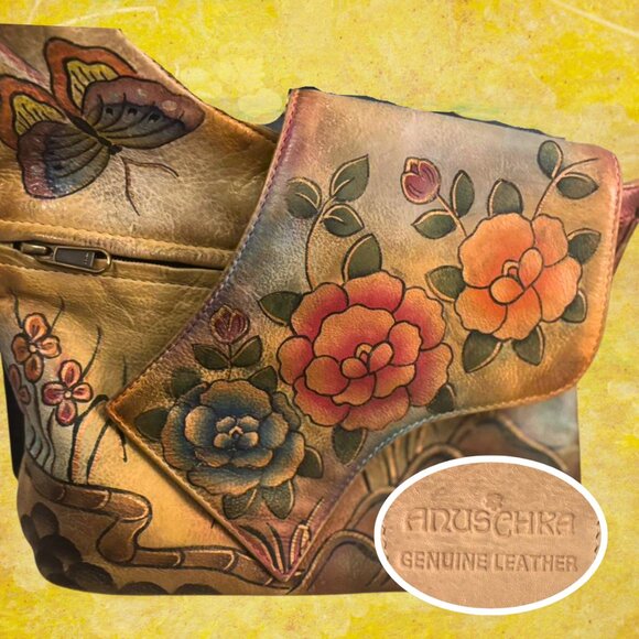 WEARABLE ART! GUC Anushka Hand-Painted Floral Leather Bag Purse Crossbody - Picture 1 of 6